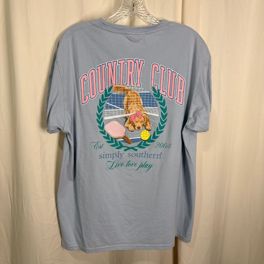 Simply Southern Country Club Pickleball Dog T-Shirt Light Blue Short Sleeve LG - Picture 4 of 8